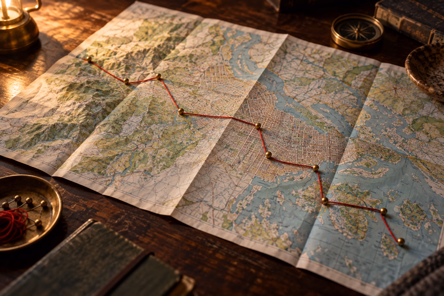 A folded topographical map spread on a dark wooden table with a red thread pinned across it between two brass pins, following one winding route