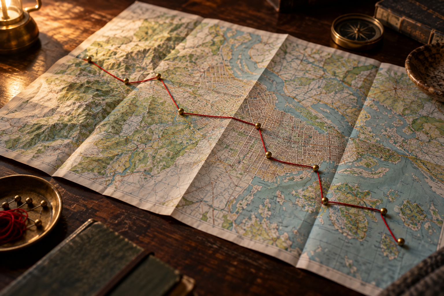 A folded topographical map spread on a dark wooden table with a red thread pinned across it between two brass pins, following one winding route