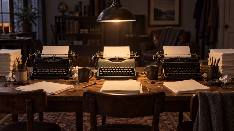 Three vintage manual typewriters lined up on a long wooden table under a single hanging lamp, each holding a blank sheet of paper, with stacks of drafts and pencils around them
