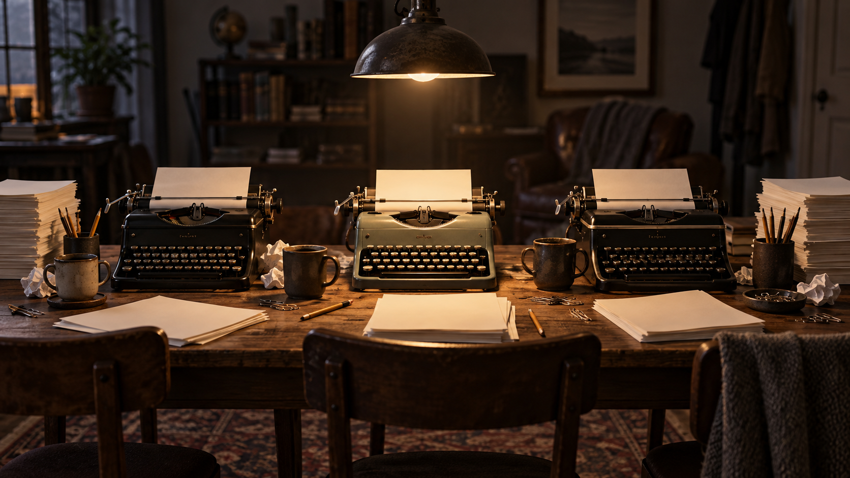 Three vintage manual typewriters lined up on a long wooden table under a single hanging lamp, each holding a blank sheet of paper, with stacks of drafts and pencils around them