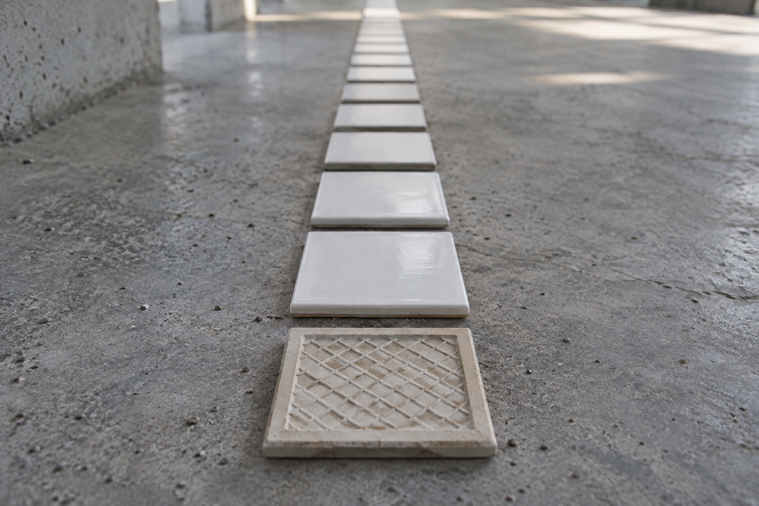 A long row of identical white ceramic tiles laid in a line on grey concrete, the nearest tile turned face down