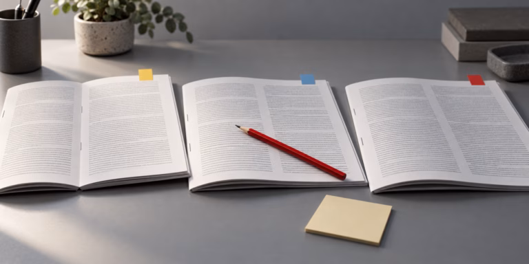 Three open stapled source documents on a grey desk, each flagged with a different-colored tab, a red editing pencil laid diagonally across the middle pages