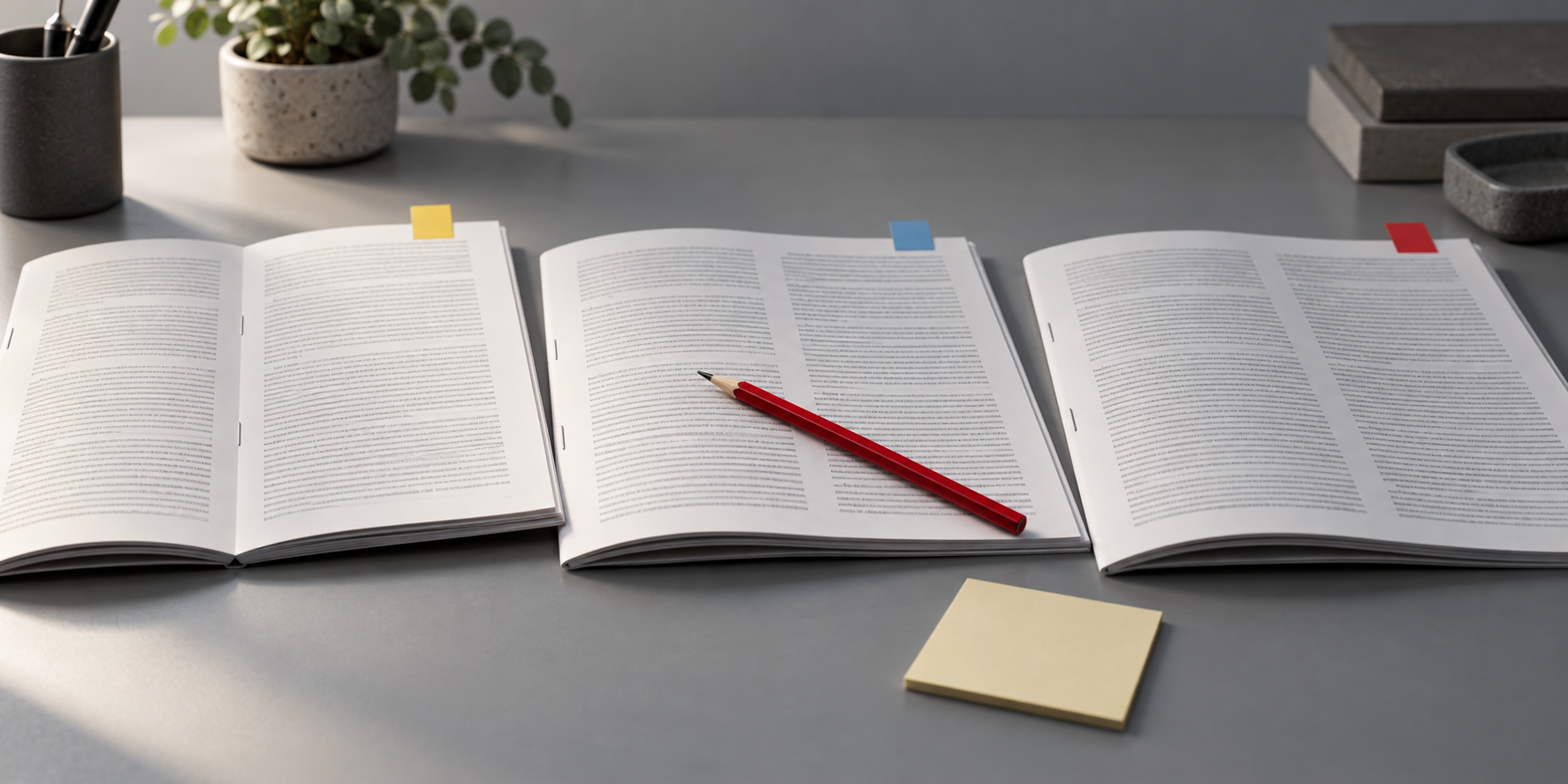 Three open stapled source documents on a grey desk, each flagged with a different-colored tab, a red editing pencil laid diagonally across the middle pages