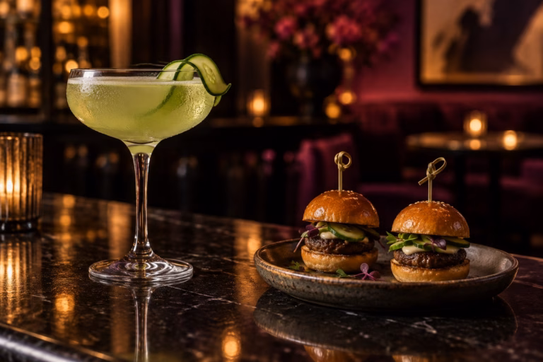 A moody editorial still life of a coupe glass of pale cucumber cocktail beside a small plate of two sliders on a dark polished bar top at night.