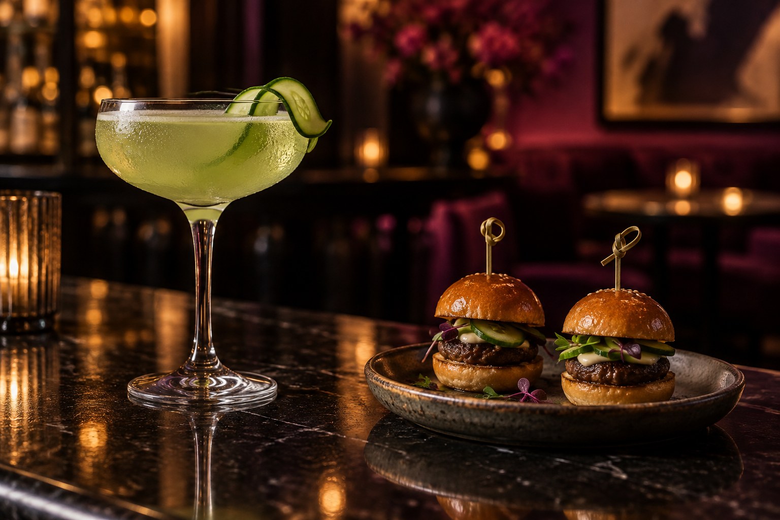A moody editorial still life of a coupe glass of pale cucumber cocktail beside a small plate of two sliders on a dark polished bar top at night.