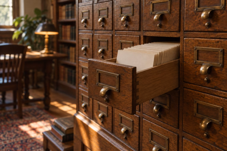 An antique wooden card-catalog cabinet with many small drawers and one drawer pulled open showing a row of blank index cards