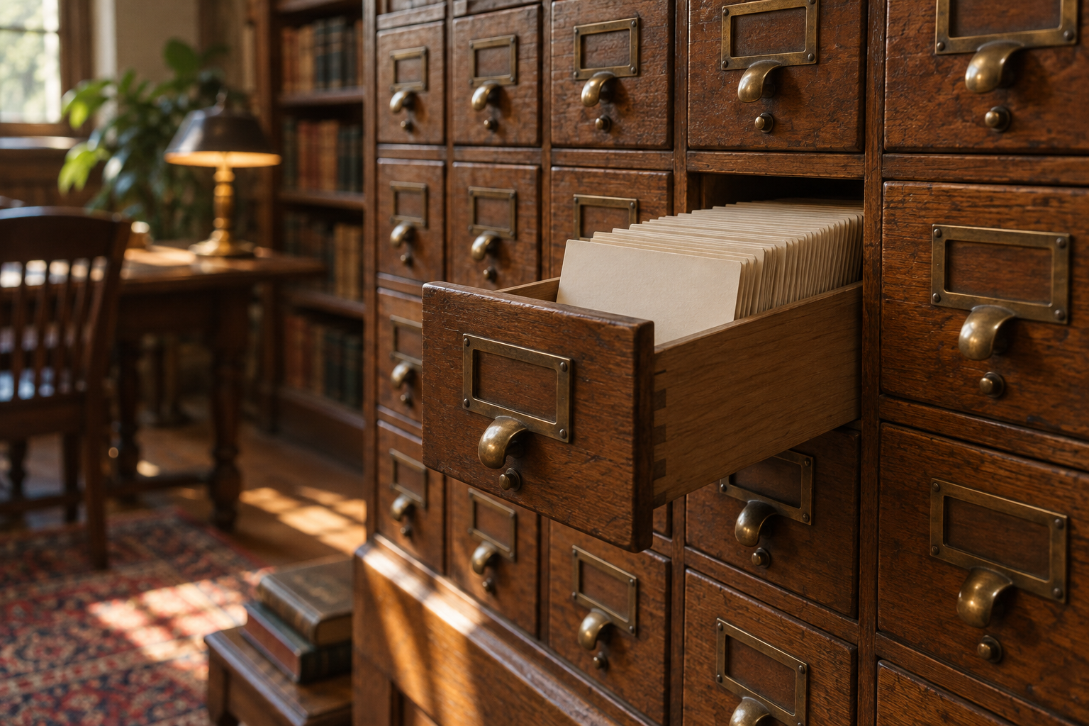An antique wooden card-catalog cabinet with many small drawers and one drawer pulled open showing a row of blank index cards