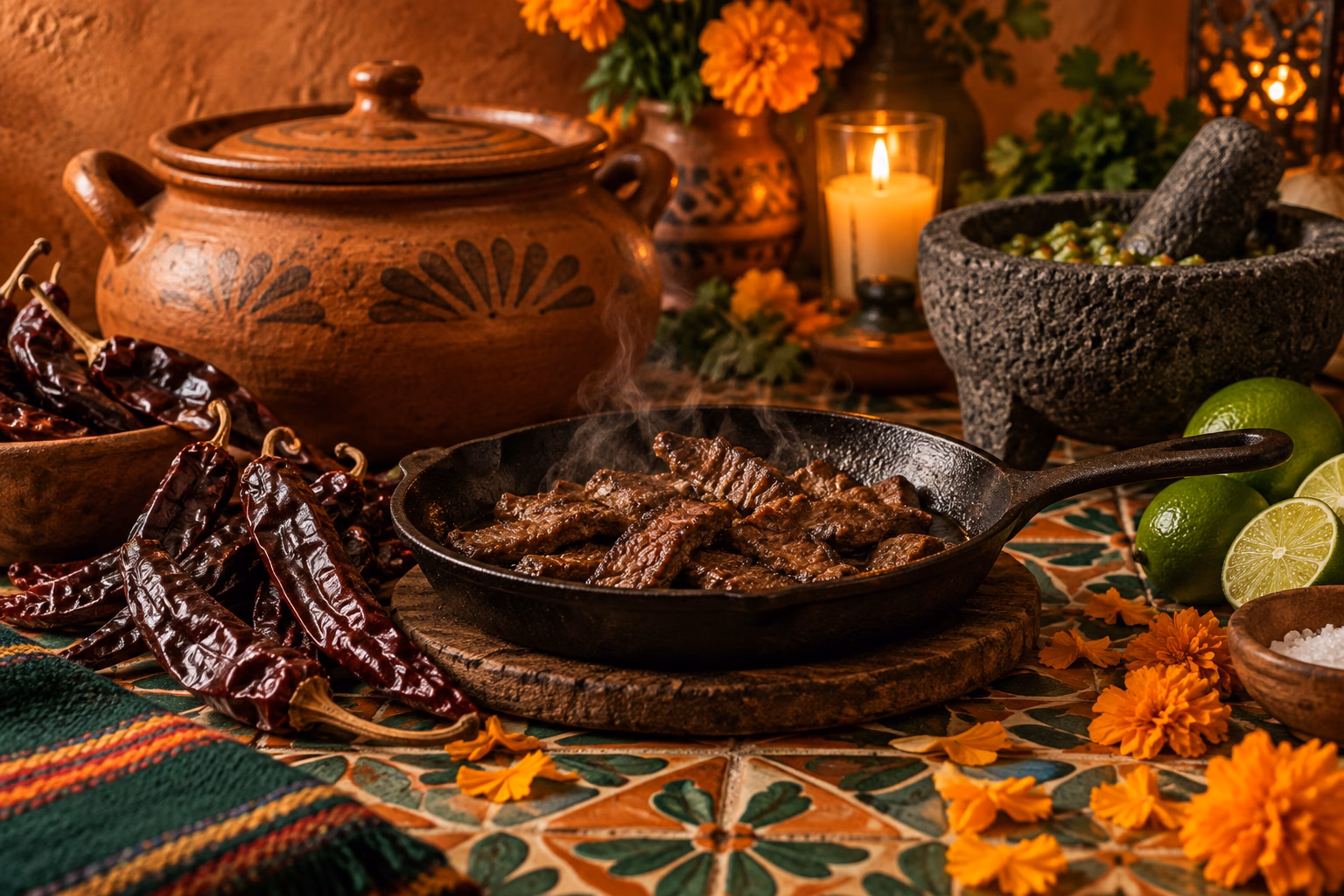 Warm editorial still-life on a hand-painted tile table: an unglazed clay pot, a black cast-iron skillet of seared beef with steam, dried guajillo chiles, limes, a molcajete stone bowl, and scattered orange marigold petals in soft candlelight.