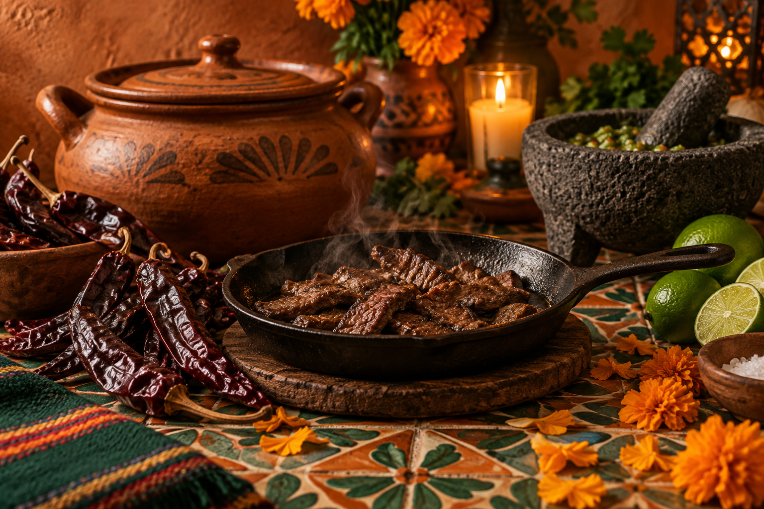 Warm editorial still-life on a hand-painted tile table: an unglazed clay pot, a black cast-iron skillet of seared beef with steam, dried guajillo chiles, limes, a molcajete stone bowl, and scattered orange marigold petals in soft candlelight.