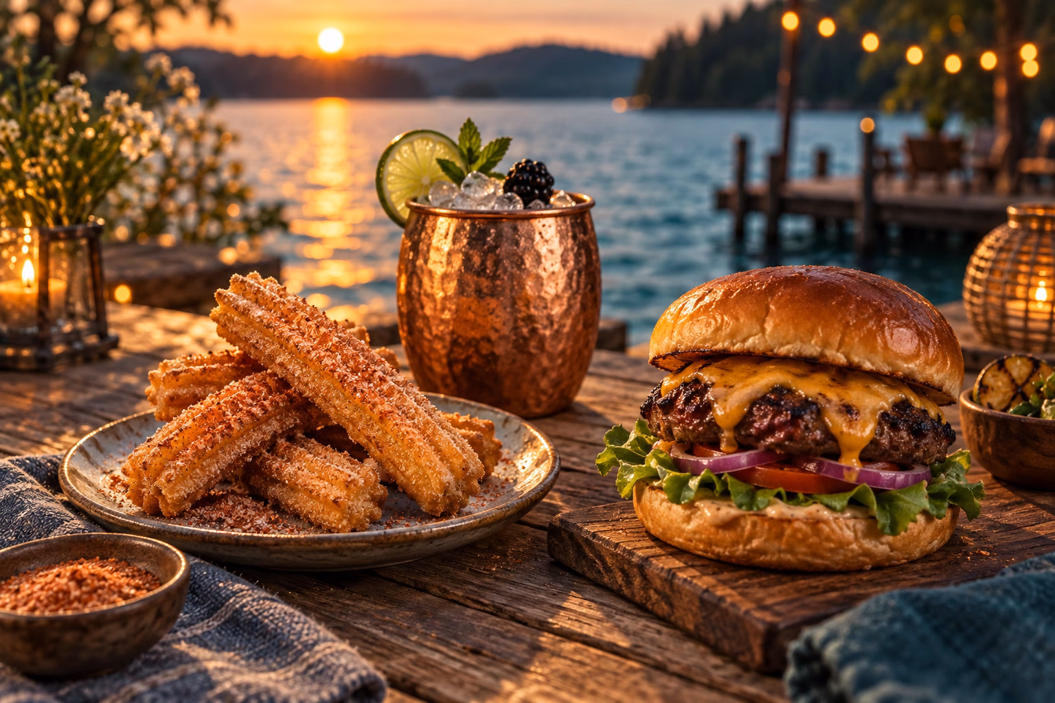 Editorial still-life at golden dusk: churros dusted with red pepper sugar on a ceramic plate, a copper mug of limeade with blackberry and mint, and a grilled burger with melted cheese on weathered teak planks, with blurred water shimmer and string-light bokeh behind.