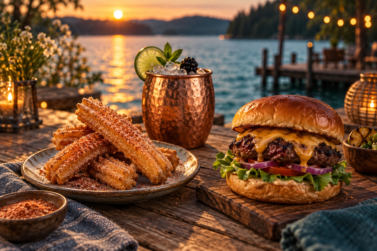Editorial still-life at golden dusk: churros dusted with red pepper sugar on a ceramic plate, a copper mug of limeade with blackberry and mint, and a grilled burger with melted cheese on weathered teak planks, with blurred water shimmer and string-light bokeh behind.