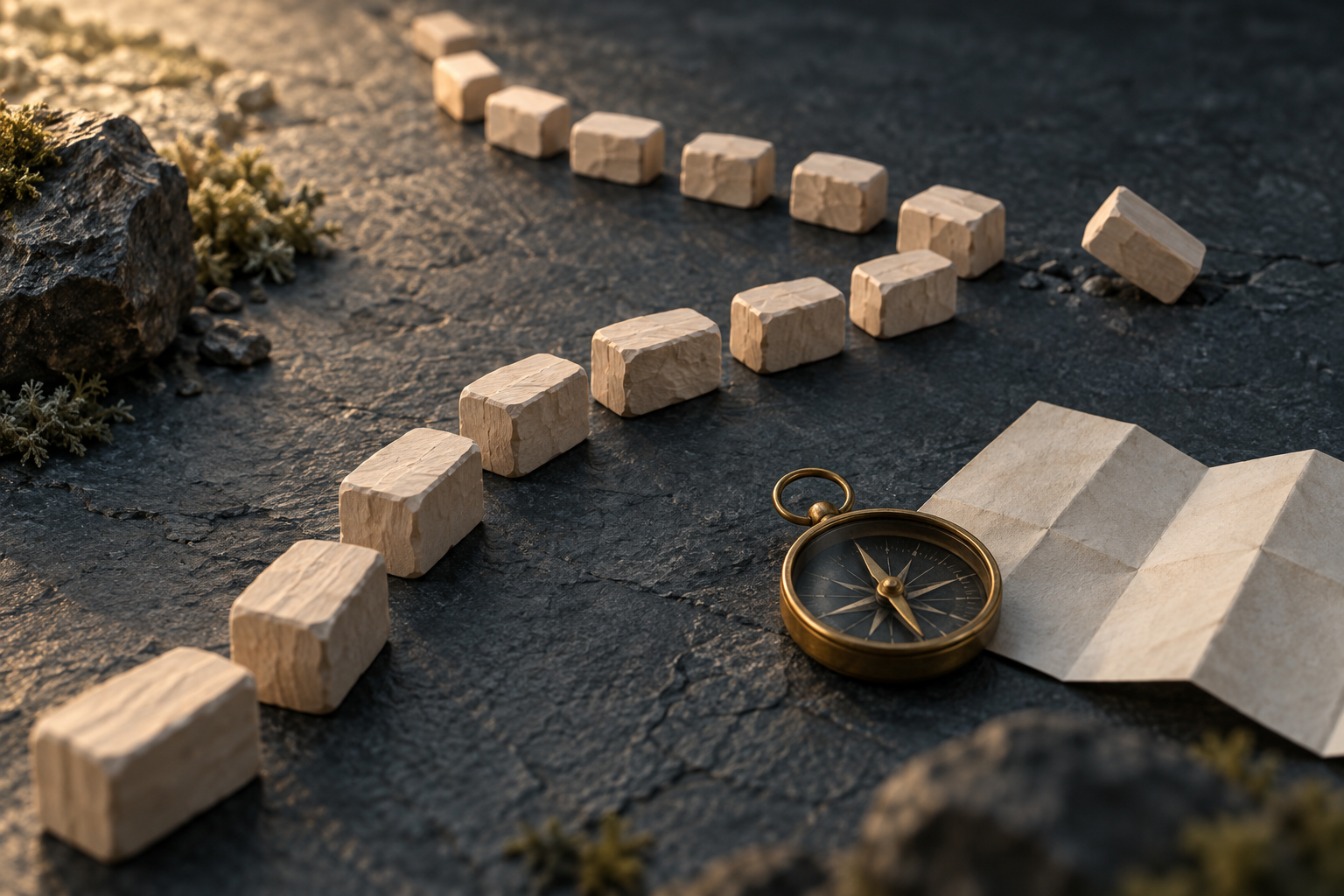 Conceptual still life on dark slate: pale wooden blocks laid in a curving line with the final block toppled, beside a small brass compass and a blank folded map.