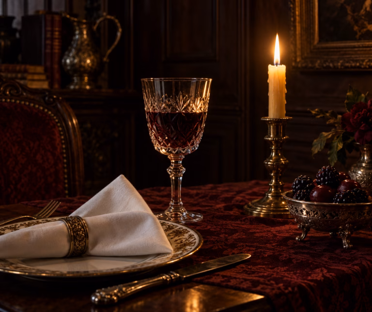 Moody candlelit still life of a Victorian dining table with a cut-crystal wine glass, a folded linen napkin, a lit candle in a brass holder and a dish of dark berries.