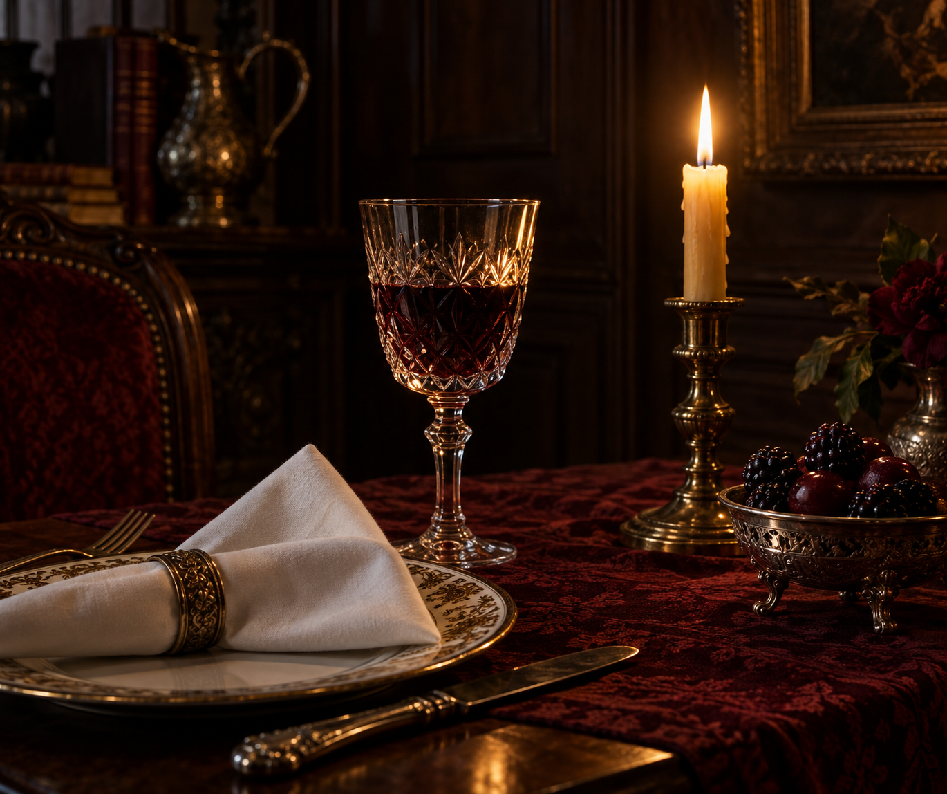 Moody candlelit still life of a Victorian dining table with a cut-crystal wine glass, a folded linen napkin, a lit candle in a brass holder and a dish of dark berries.
