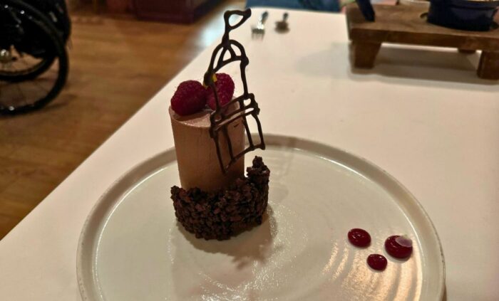 A beautifully plated dessert with a chocolate base, raspberry garnish, and decorative wire, showcasing culinary artistry.
