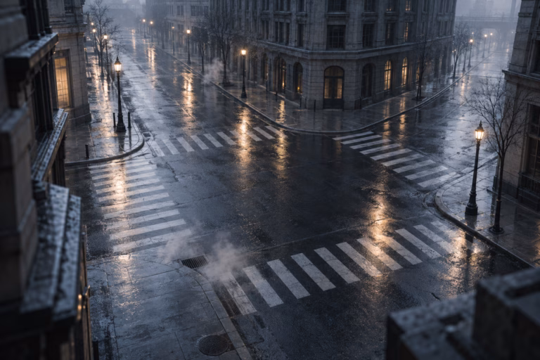 An elevated view of a deserted city intersection at cold dawn after rain, wet asphalt reflecting street lamps, steam rising from a grate, bare trees, no people.