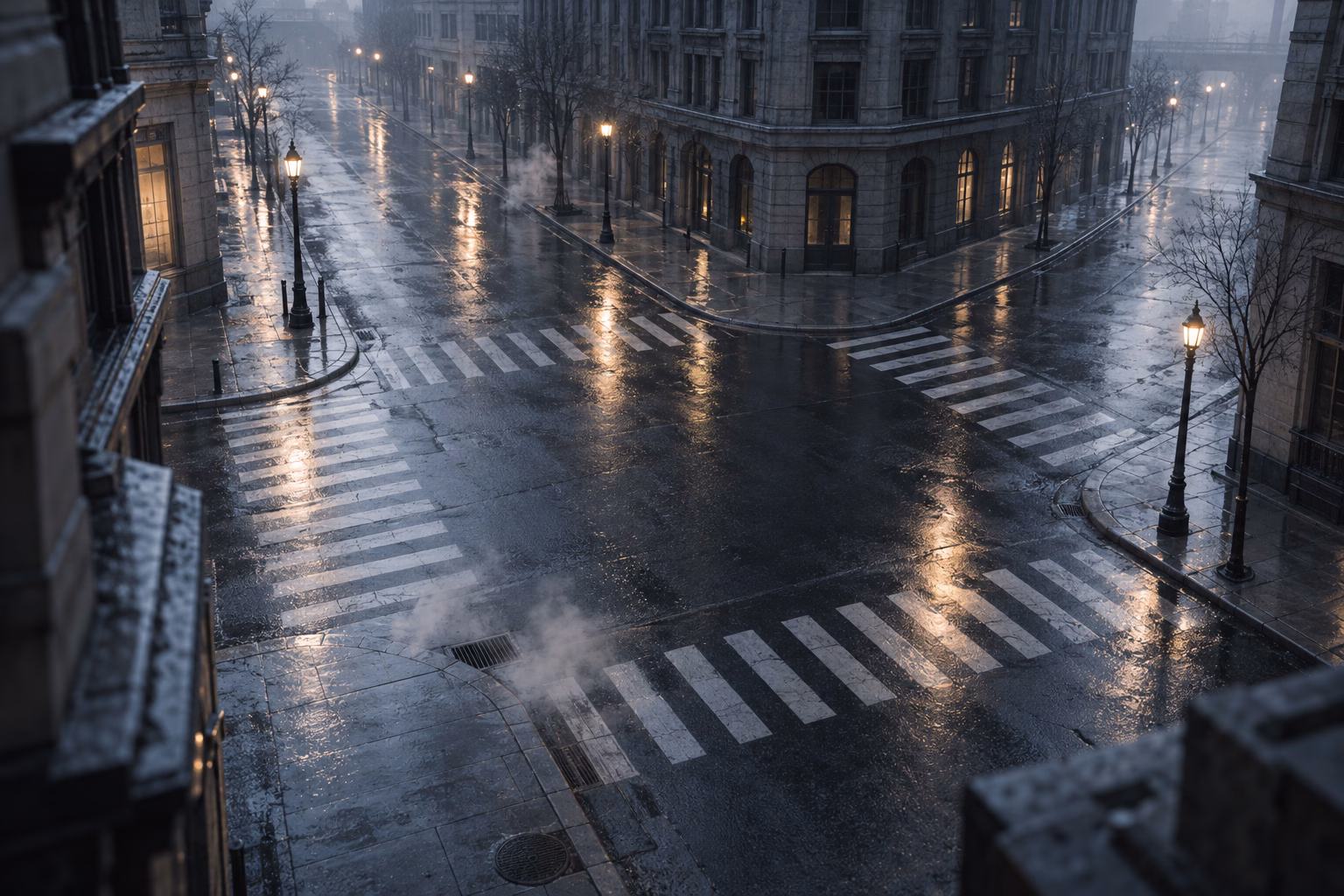 An elevated view of a deserted city intersection at cold dawn after rain, wet asphalt reflecting street lamps, steam rising from a grate, bare trees, no people.
