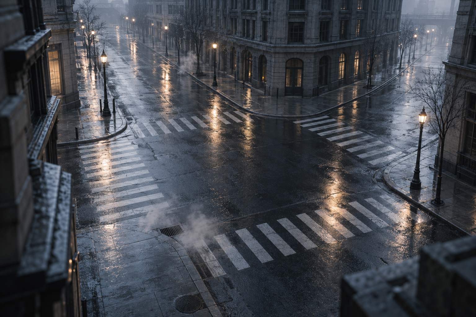 An elevated view of a deserted city intersection at cold dawn after rain, wet asphalt reflecting street lamps, steam rising from a grate, bare trees, no people.