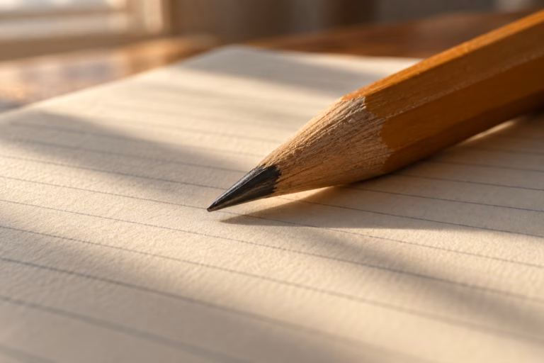 Macro view of the graphite tip of a wooden pencil resting diagonally on blank ruled cream paper, lit by raking window light