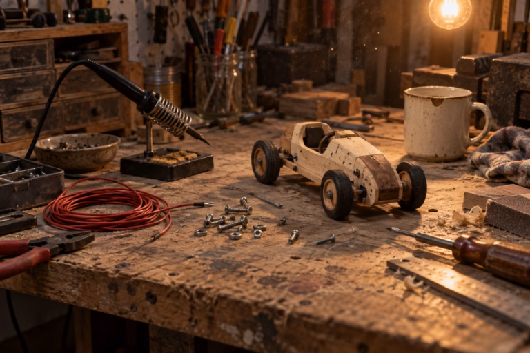 A cluttered hobbyist maker's workbench in warm bulb light: coiled red wire, a soldering iron on its stand, scattered screws, a half-built wooden toy car, and a chipped ceramic mug.