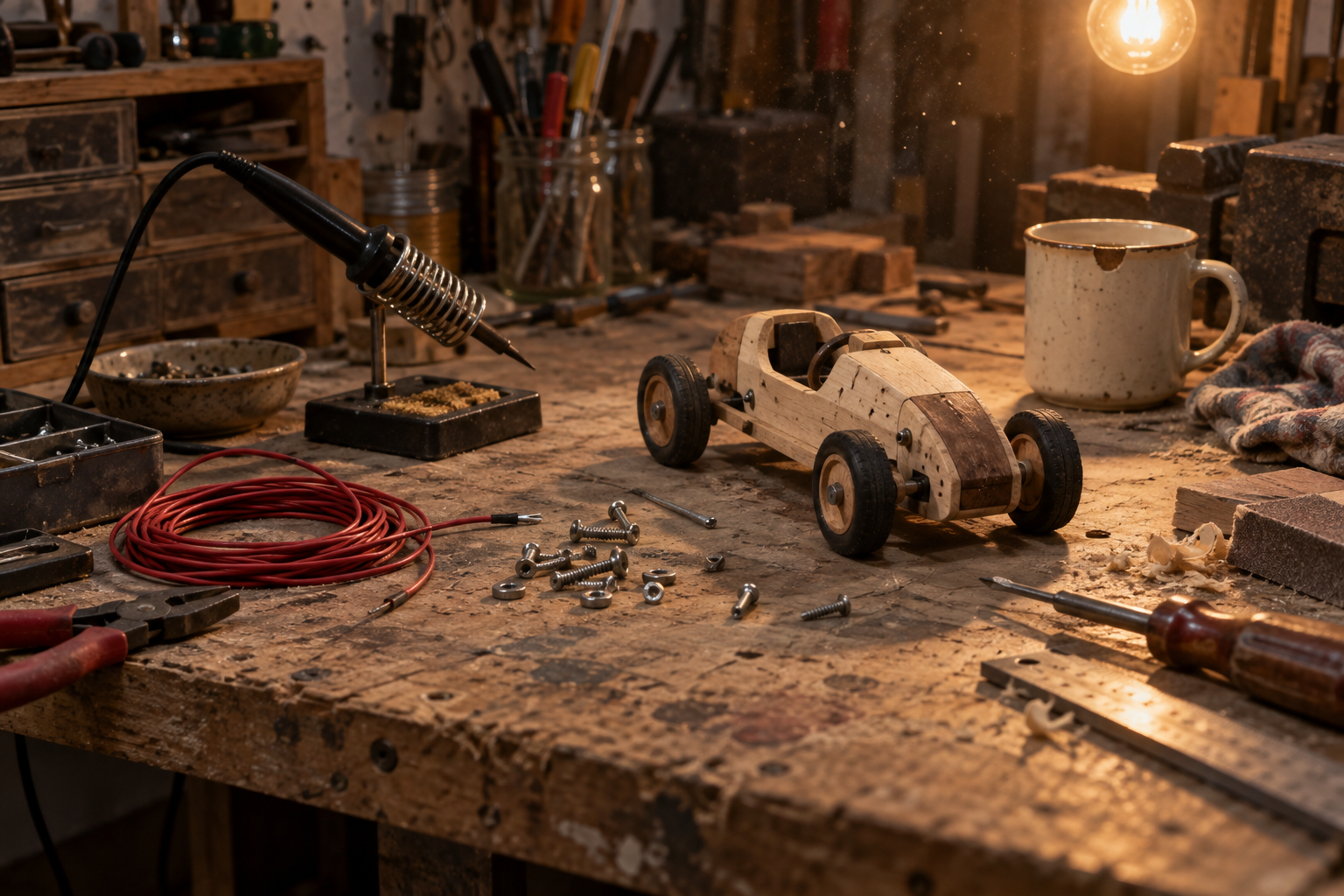 A cluttered hobbyist maker's workbench in warm bulb light: coiled red wire, a soldering iron on its stand, scattered screws, a half-built wooden toy car, and a chipped ceramic mug.