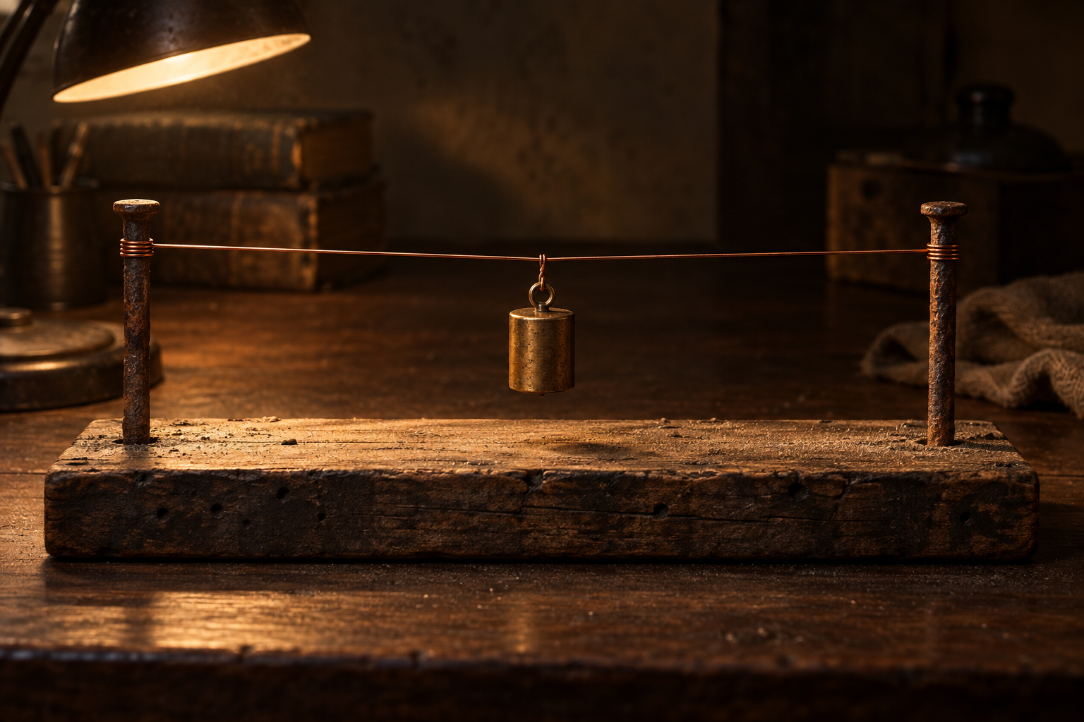 A copper wire pulled taut between two rusted nails in an old wooden board, with a small brass weight hanging from its midpoint under warm lamp light.