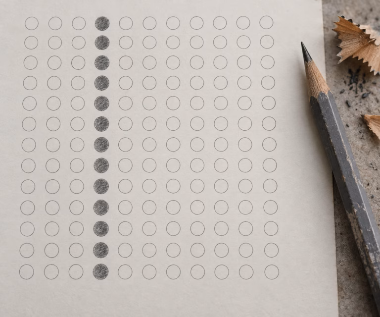 Overhead view of a sheet of paper with a grid of small blank circles, one full column of circles heavily shaded in dark pencil, with a worn pencil and shavings beside the paper.