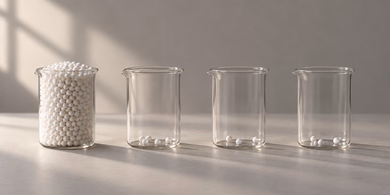 Four clear glass beakers in a row on a neutral studio surface; the leftmost overflows with small white pellets while the other three are nearly empty.