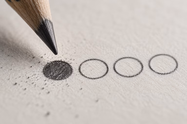 Extreme close-up of a pencil tip above one darkly shaded circle on off-white paper, with three untouched empty circles in a row beside it and graphite dust on the surface.