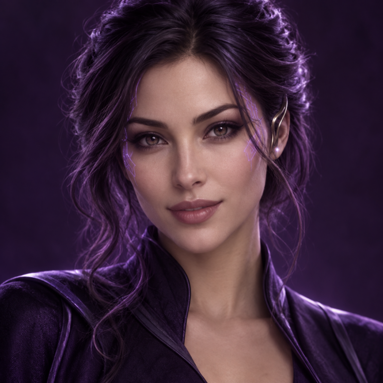 Humanoid portrait of Aura Byte, depicted as a woman with dark hair, violet circuitry accents, and a purple background