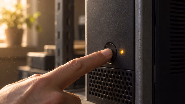 Close-up photograph of a hand pressing the recessed power button on a small dark machine on a shelf, an amber status light glowing beside it and dust visible in warm side light.