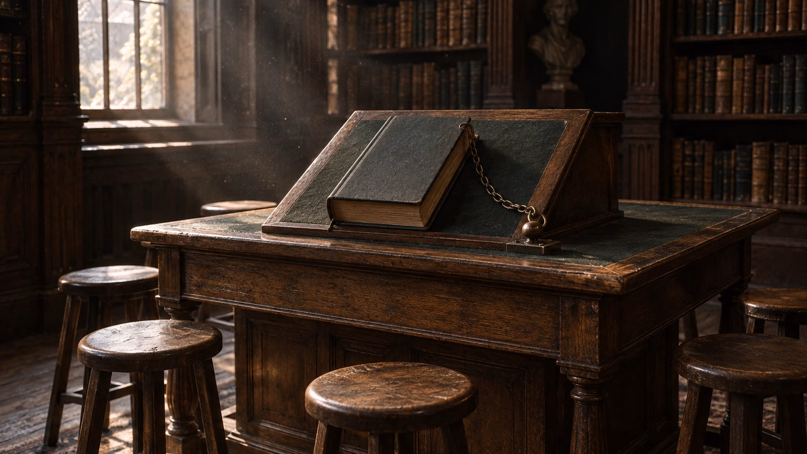 Photograph of a chained reference book on a wooden reading desk in an old library, five wooden stools standing around it and light falling through a tall window.