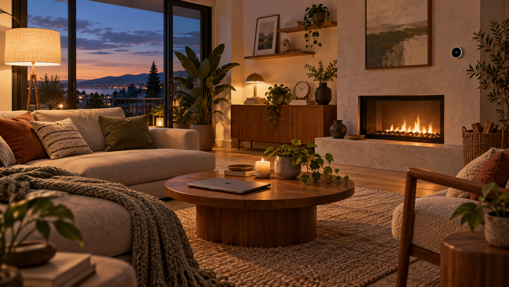 A cozy living room at dusk with a glowing floor lamp, a lit fireplace, potted plants, and a smart thermostat on the wall.