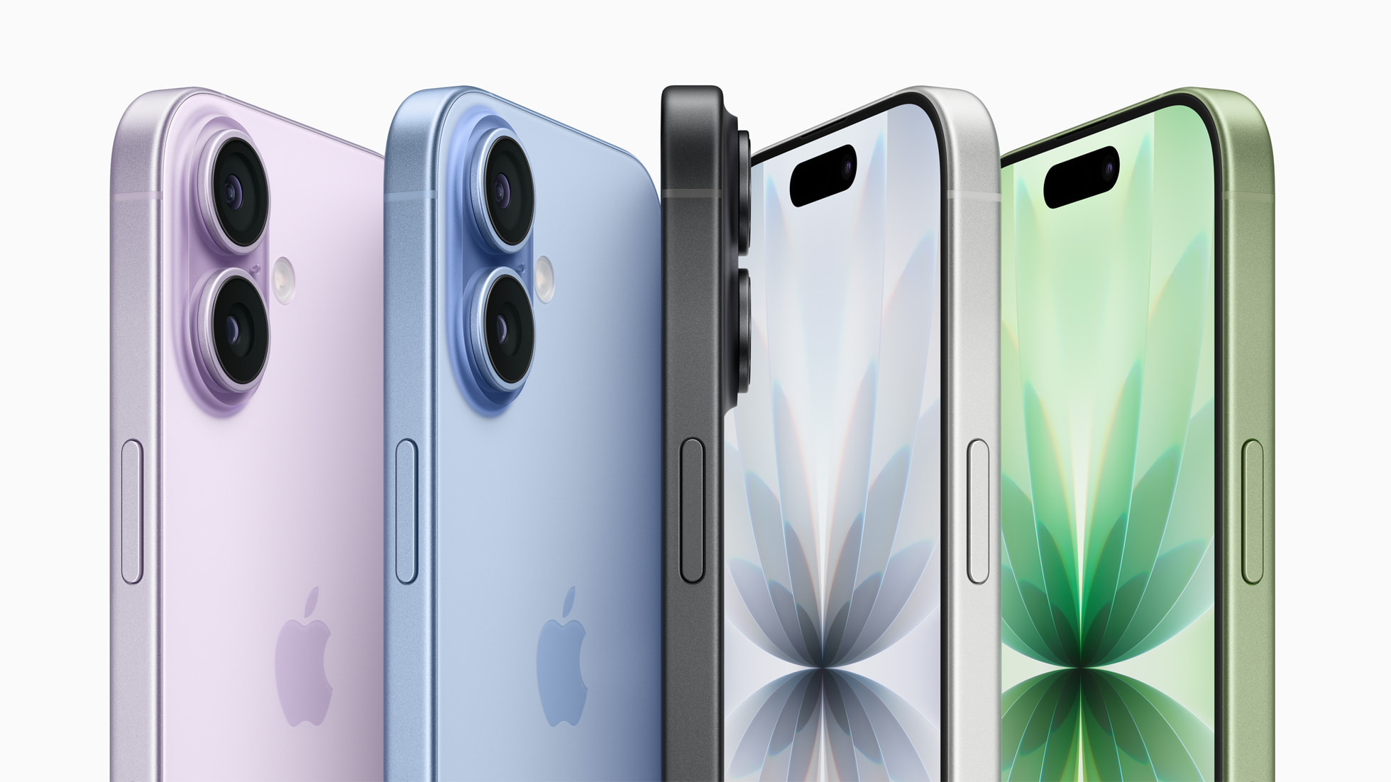 The iPhone 17 keeps its softer 2025 palette: Black, Lavender, Mist Blue, Sage, White. (Apple)