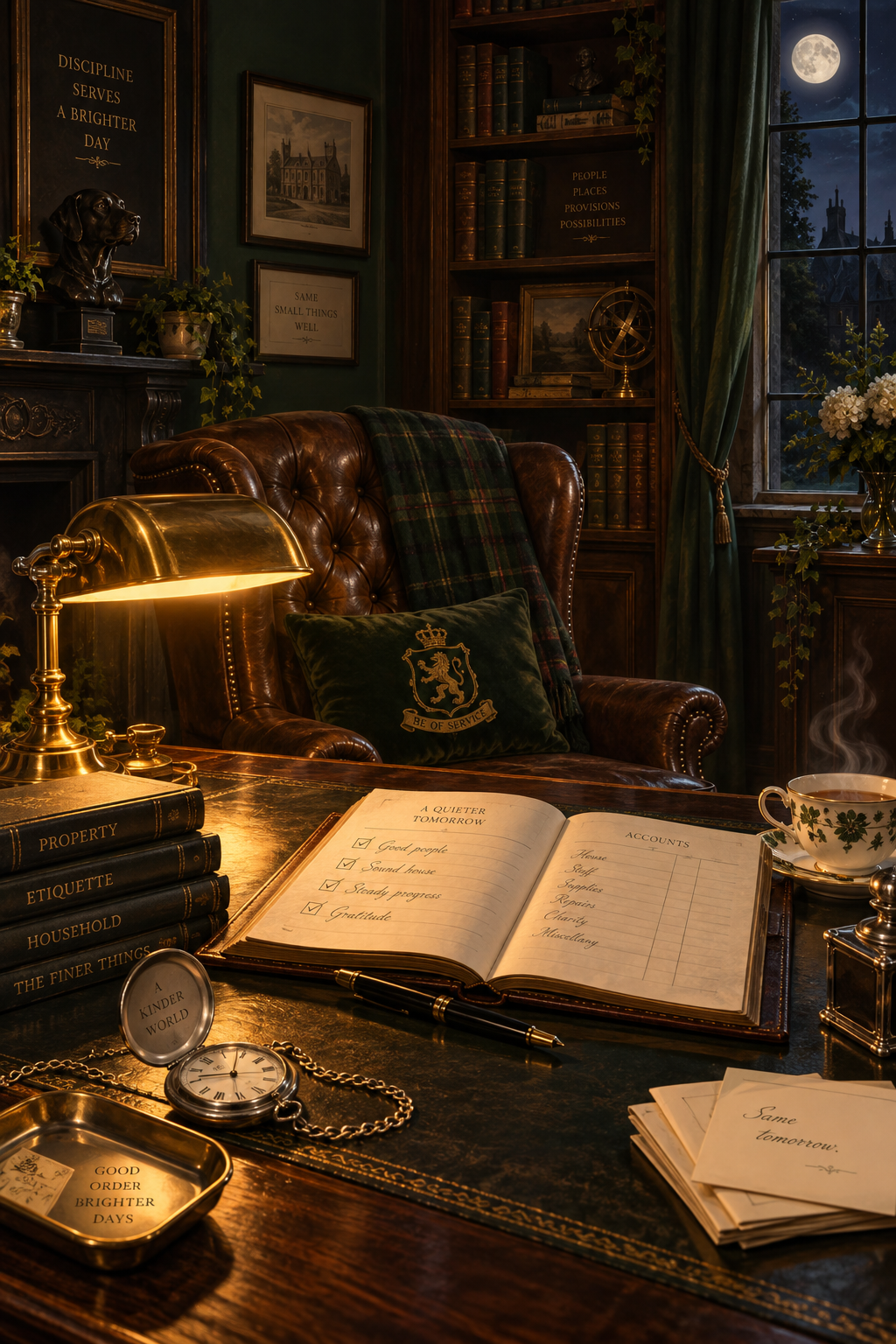 A butler's desk at night with a brass lamp, an open ledger, a pocket watch, a teacup, and a bookcase of books.