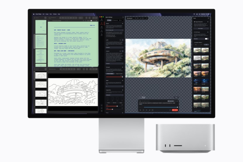 A creator working with a Mac Studio and a large display
