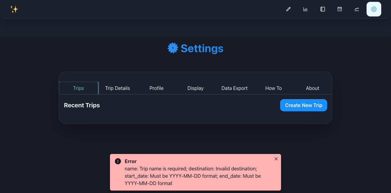 MagicTracker create-trip validation error shown after the form dialog closes