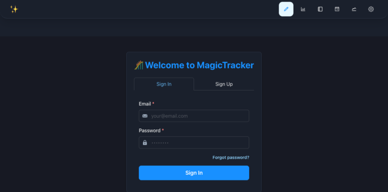 MagicTracker dashboard showing the No Active Trip state on desktop