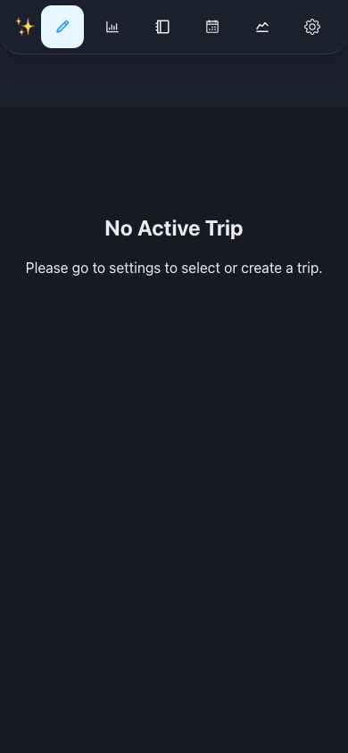 MagicTracker mobile dashboard with icon-only navigation and a No Active Trip message