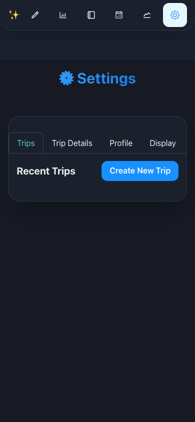 MagicTracker Settings on mobile with only four of seven tabs visible