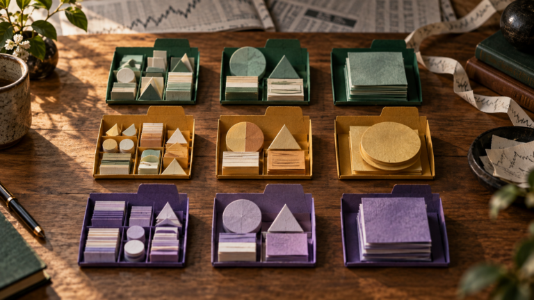 Nine handcrafted paper portfolios arranged in a three-by-three field with green, amber, and violet accents
