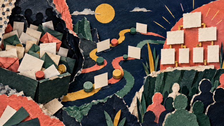 Layered cut-paper landscape with blank match cards following colored paths from a private crowd toward an open public space