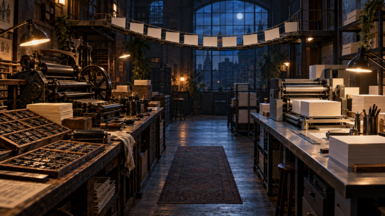 Nighttime print studio with an intact antique press, a newly assembled modern press, and blank pages traveling between them