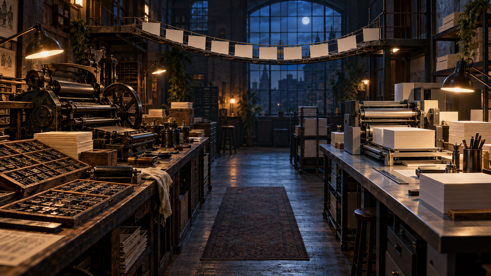 Nighttime print studio with an intact antique press, a newly assembled modern press, and blank pages traveling between them