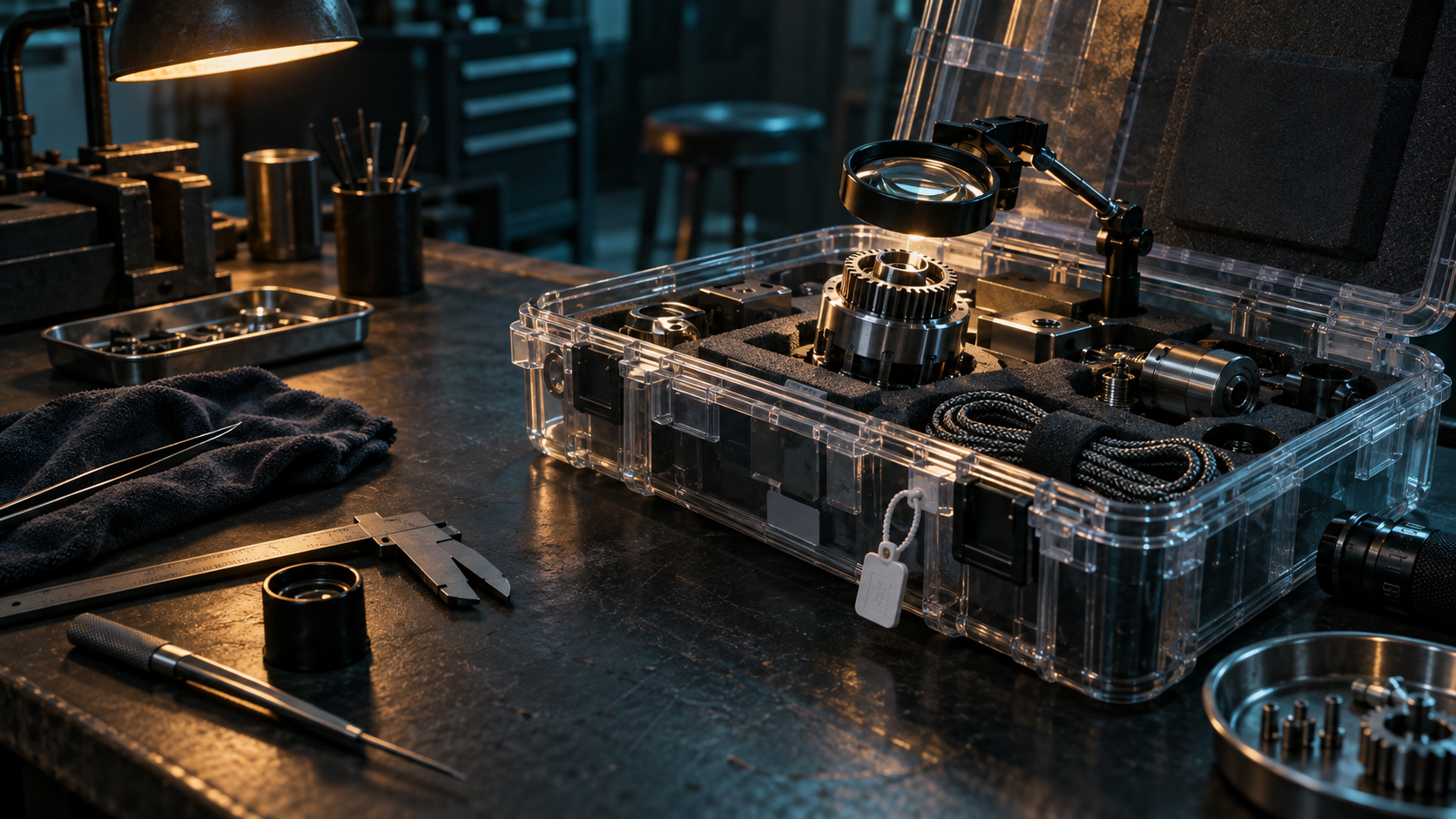 Open inspection case containing precision components, a magnifying glass, calipers, and workshop tools under warm task lighting