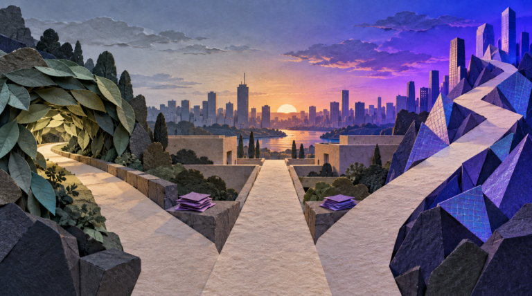 Layered cut-paper cityscape at dusk with three branching paths through leafy, balanced, and angular violet terrain