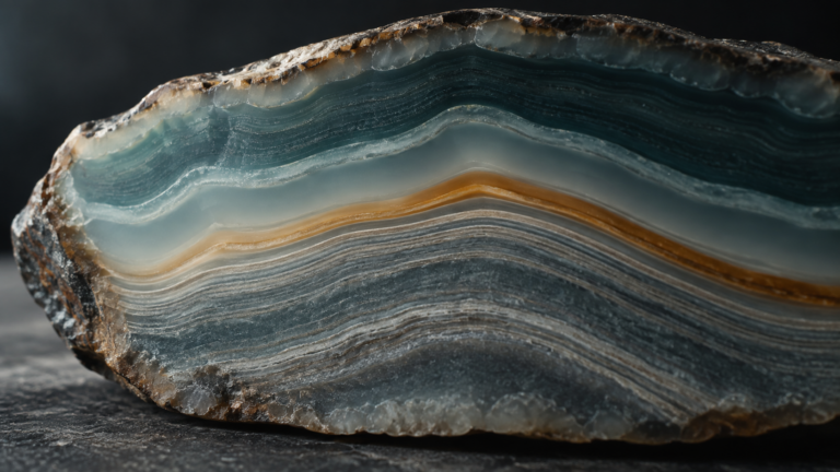 Macro photograph of a polished slice of banded agate stone resting on a dark surface. The smooth cut face shows concentric teal, milky blue-white, and grey mineral bands with a single thin rust-orange stripe across the middle, lit by soft directional light with a shallow depth of field.