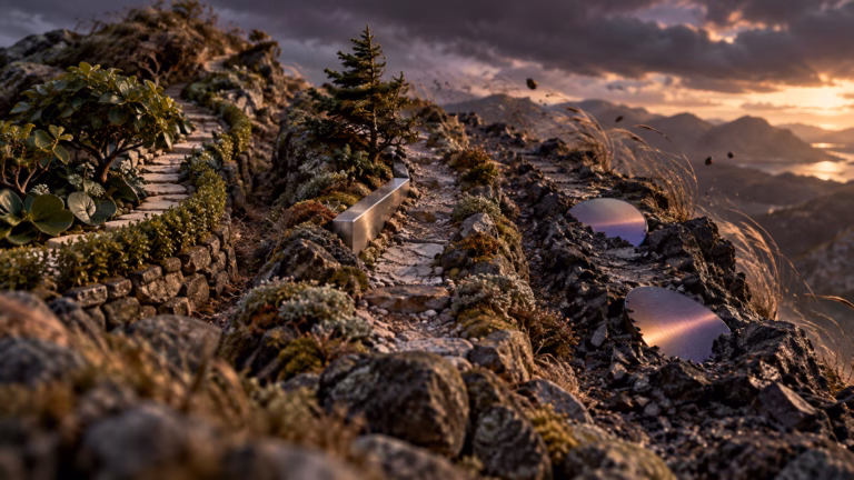Miniature mountain ridge with three paths: one sheltered by plants, one mixed with stone and steel, and one exposed beside two silicon wafers in a strong wind.