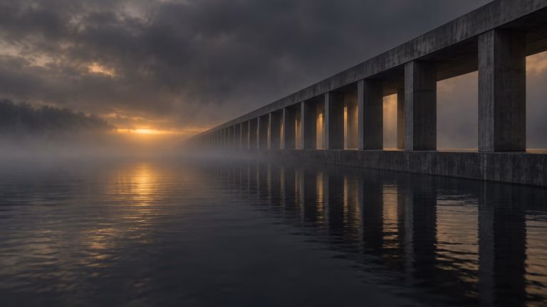 A long modernist concrete colonnade pier receding in one-point perspective into low dusk fog, still dark water in the foreground, and a single low band of amber light cutting through the mist at the far end.