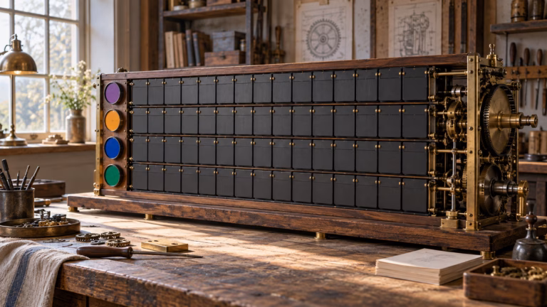 Clockwork standings board with four colored lane markers on a wooden workshop bench